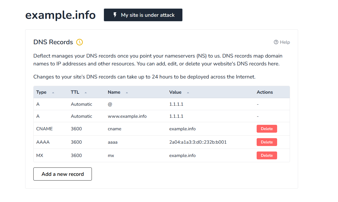 DNS Records Tab - Deflect