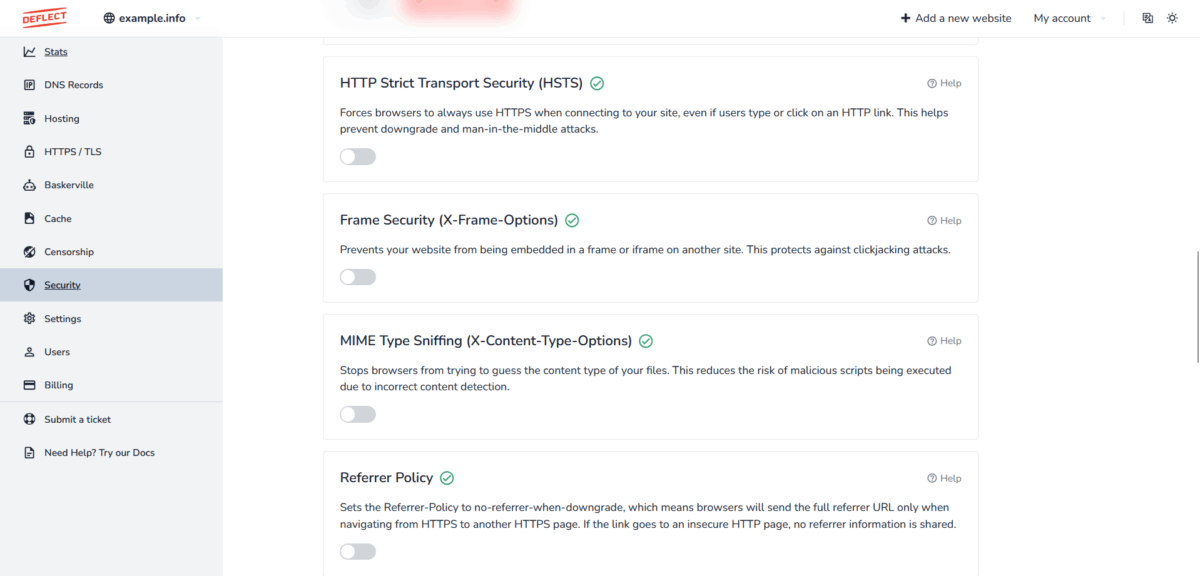 Security Tab - Deflect